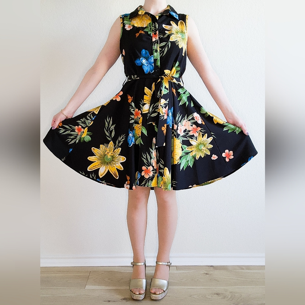 Bright Floral Button-down Midi Dress with Collar and Circle Skirt, Size L (8/10)